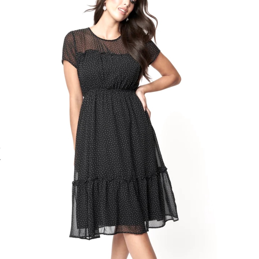 Unique Vintage Black & Ivory Polka Dot Midi Dress Size M